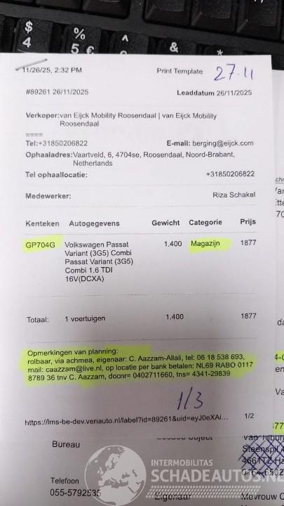 Volkswagen Passat Passat Variant (3G5) Combi 1.6 TDI 16V (DCXA) [88kW]  (08-2014/11-2020=
)